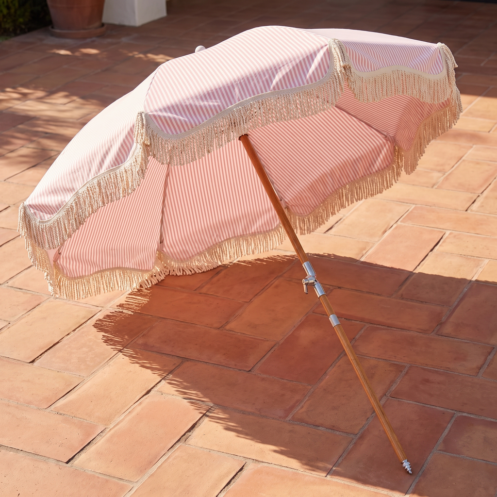 The Premium Beach Umbrella - Lauren's Pink Stripe — angle shot