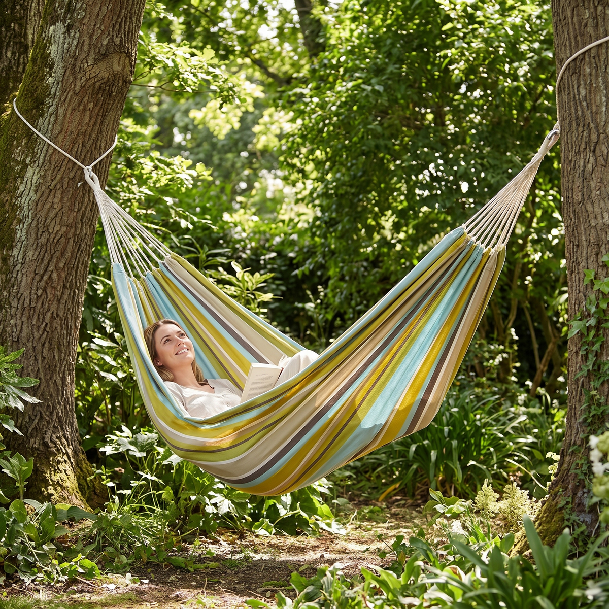 Corban Aqua Hammock Multicoloured Stripes 220x140cm — hero shot