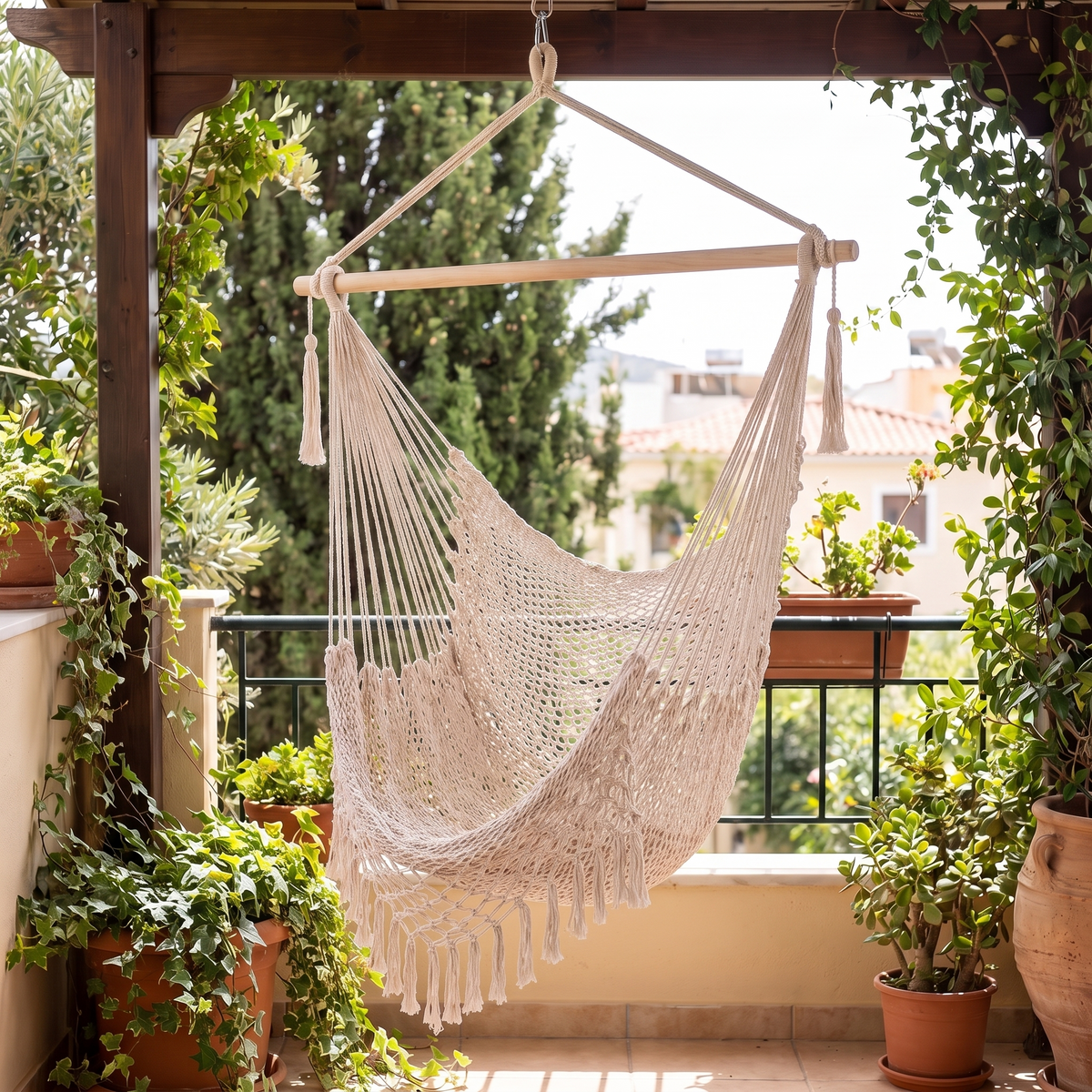 Gardeon Hammock Chair Swing Camping Mesh Cream — angle shot