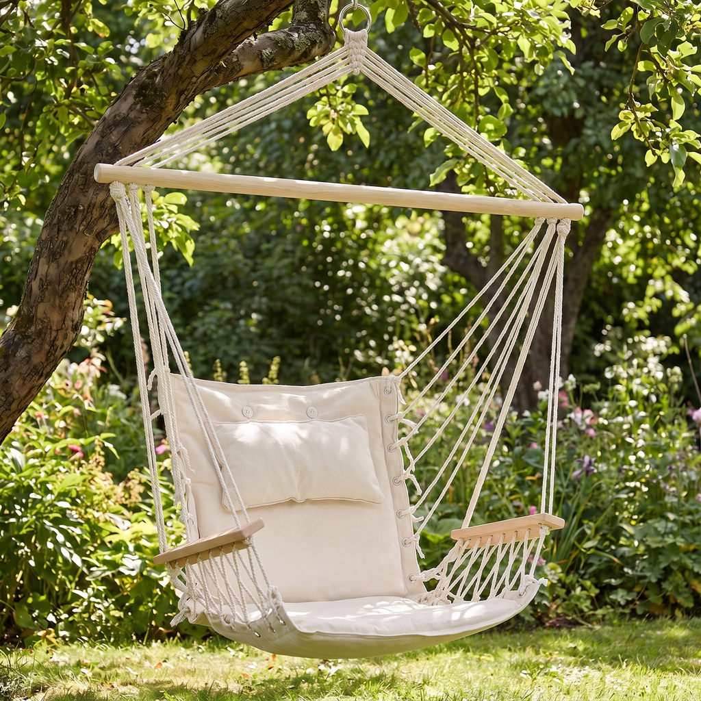 Gardeon Hammock Chair Hanging with Armrest - Cream — angle shot