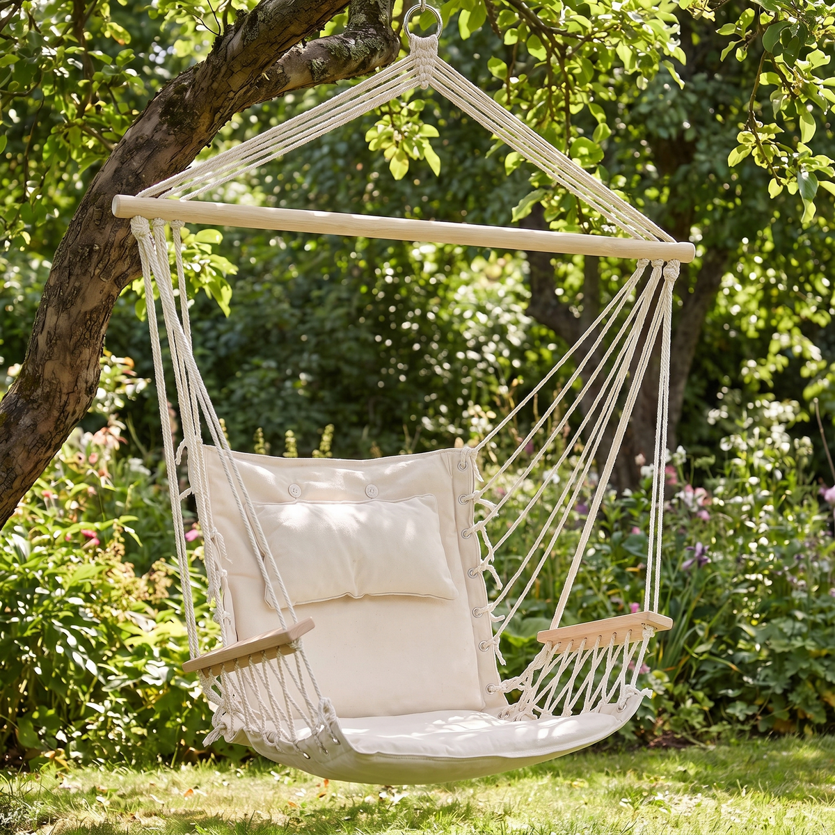 Gardeon Hammock Chair Hanging with Armrest - Cream — angle shot