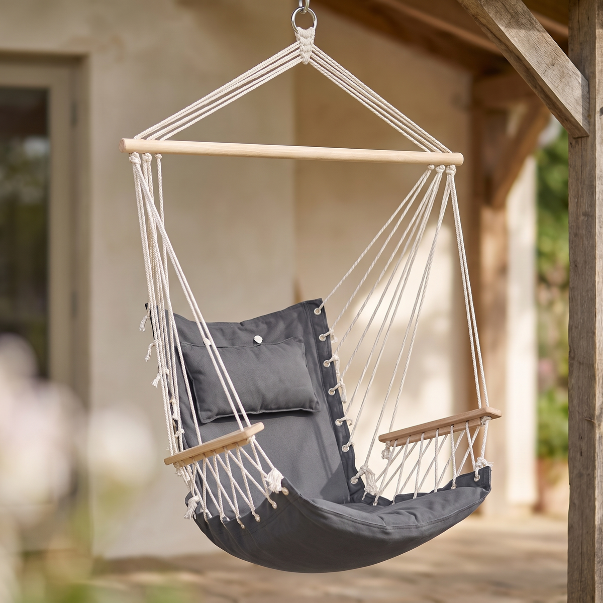 Gardeon Hammock Chair Hanging with Armrest - Grey — angle shot